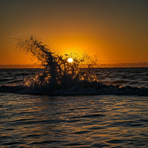 Dramatic sunset over the ocean with dark silhouettes of waves